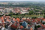 Ausblick vom Ulmer Mnster auf Bibliothek, Rathaus und Donau