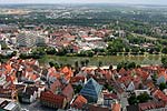 Ausblick vom Ulmer Mnster auf Bibliothek, Rathaus und Donau